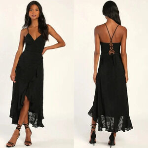 Lulus Sweet Aura Black Burnout Floral High-Low Maxi Dress L Wedding Party